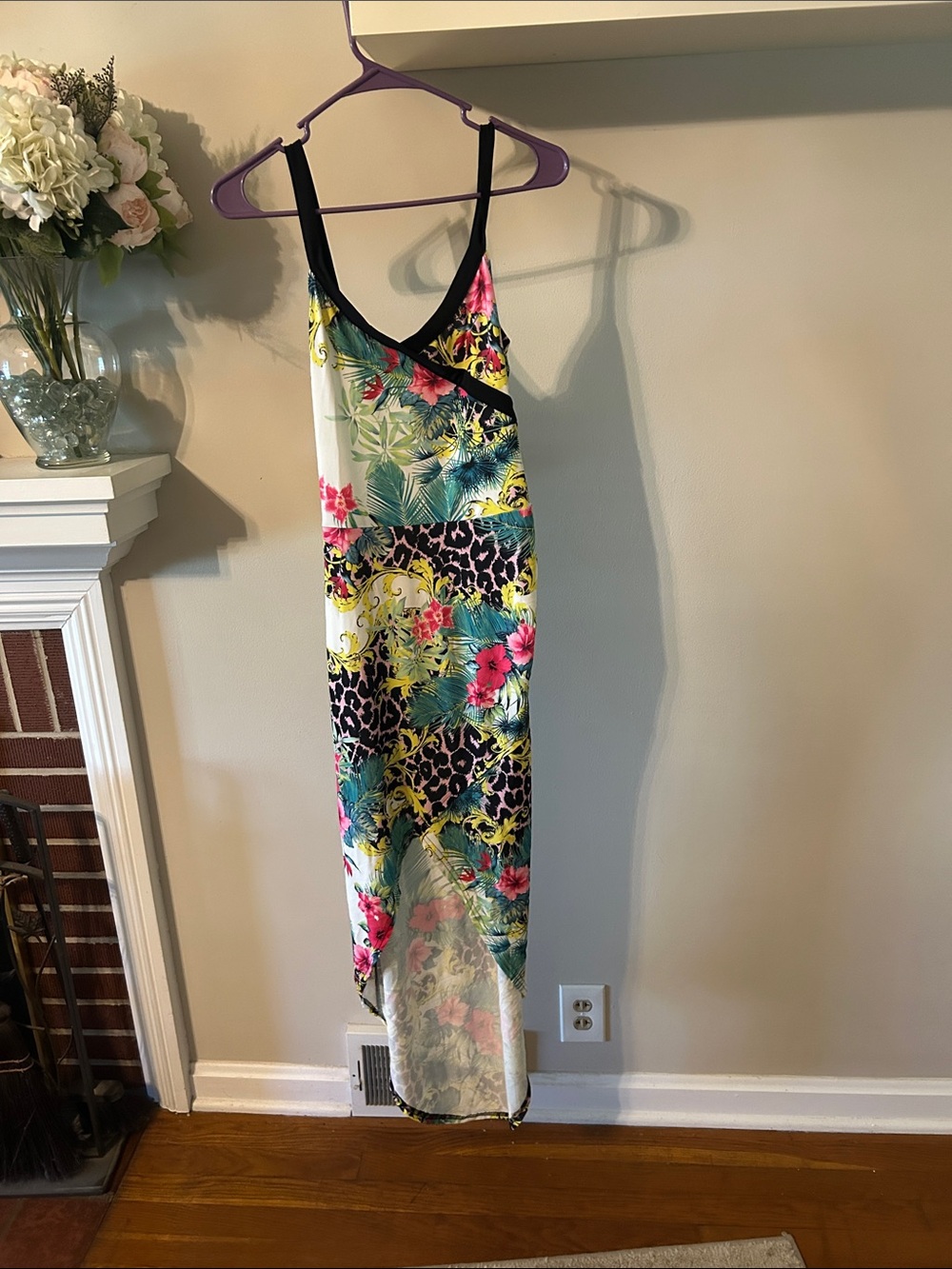 VENUS Tropical Floral High-Low Slip Dress in White, Pink, Yellow, Green, Black